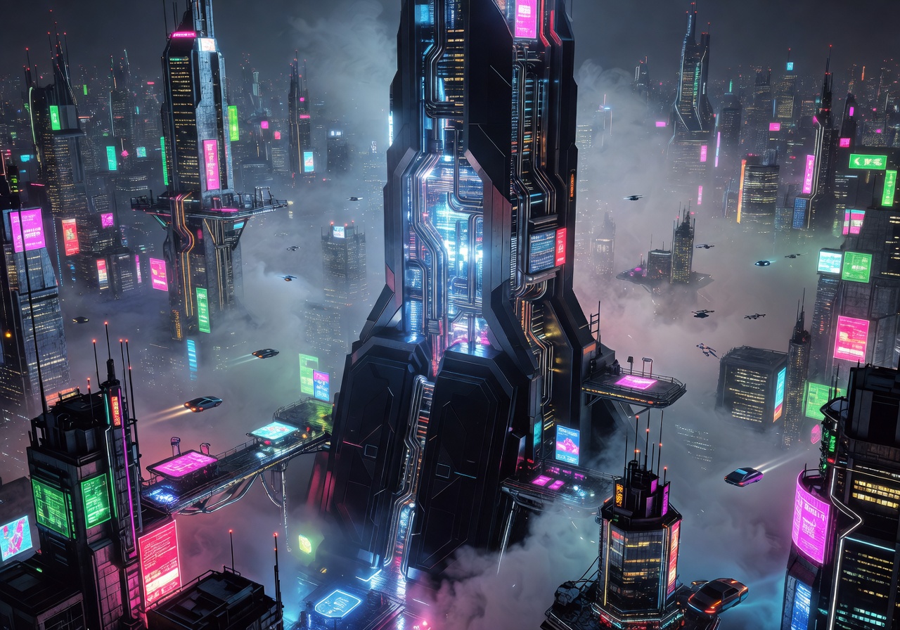 Cinematic cyber city with futuristic vault tower glowing in neon fog