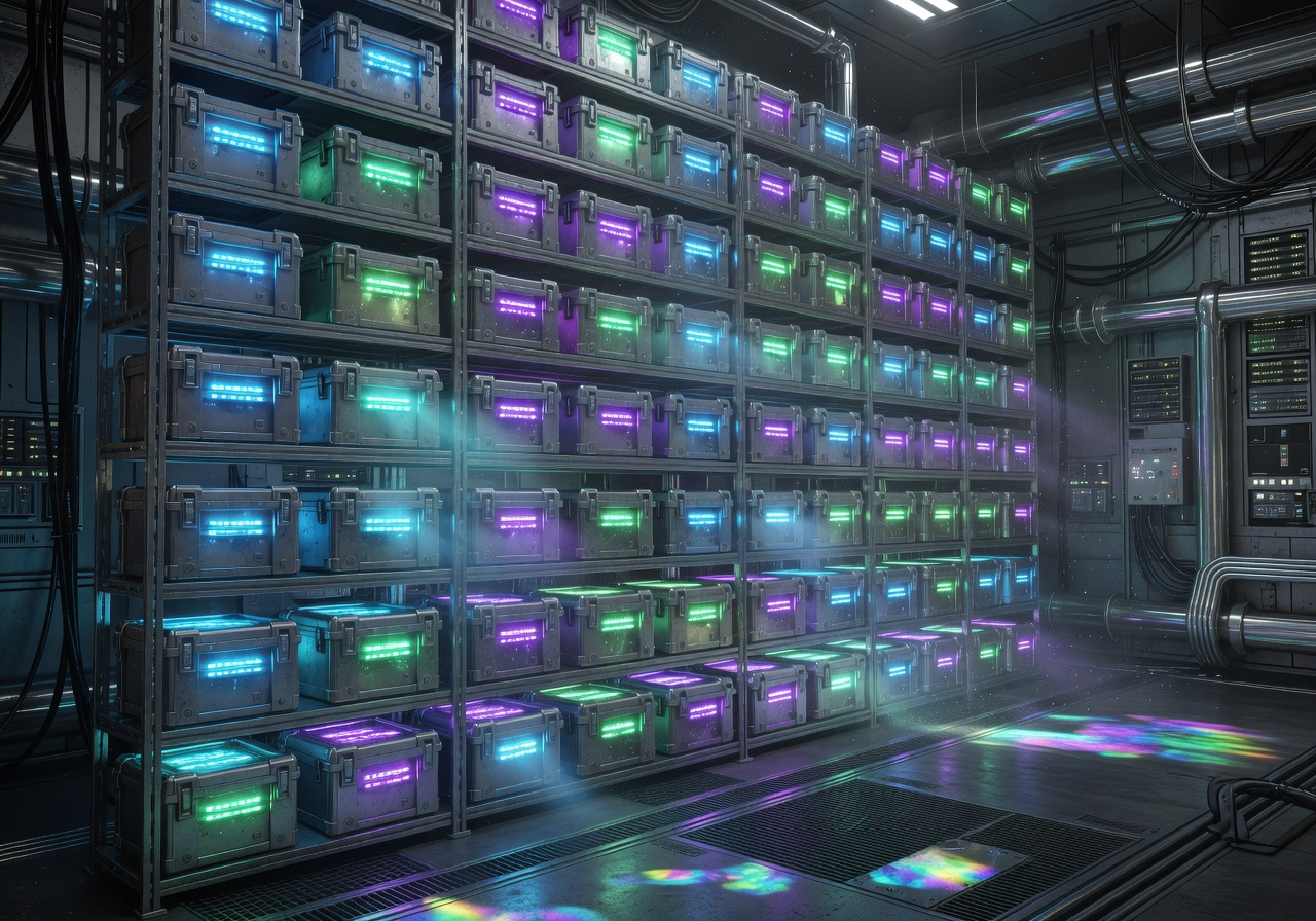 Grid of glowing cyber loot containers in a sci-fi facility