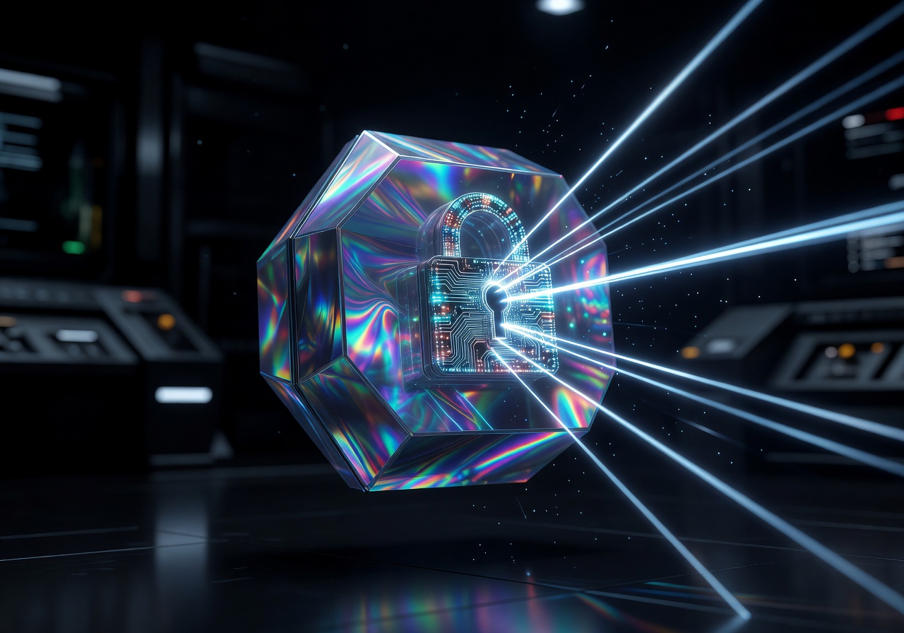 Holographic mystery box with glowing cyber lock and energy beams