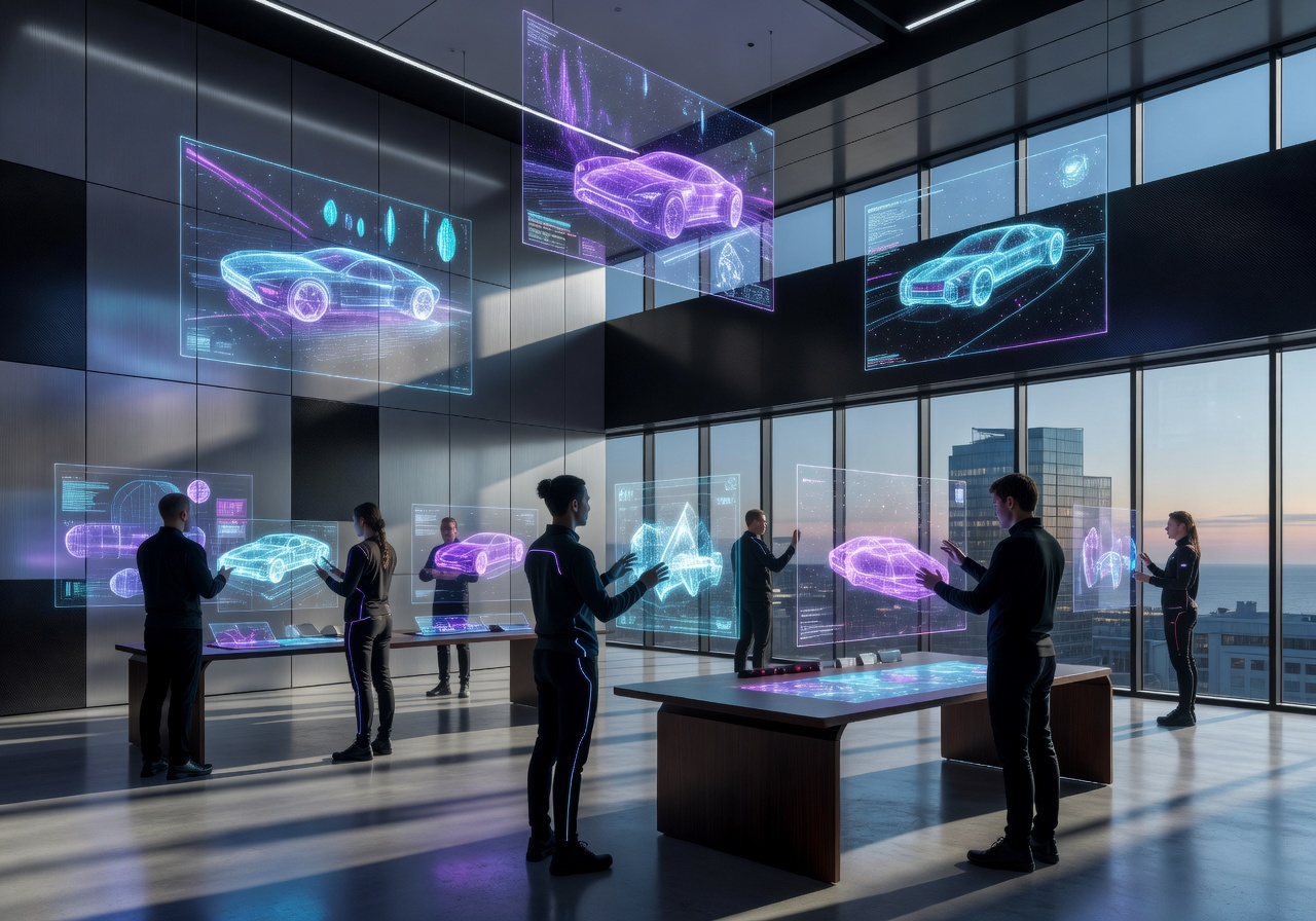 Modern futuristic design studio in Helsinki with holographic displays
