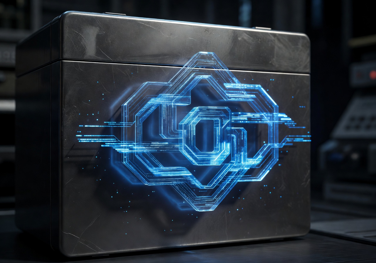 Futuristic mystery box with holographic cyber lock glowing blue