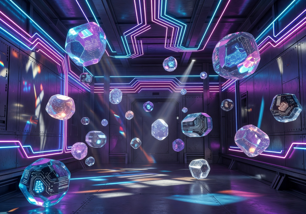 Neon vault chamber interior with floating cyber crystals