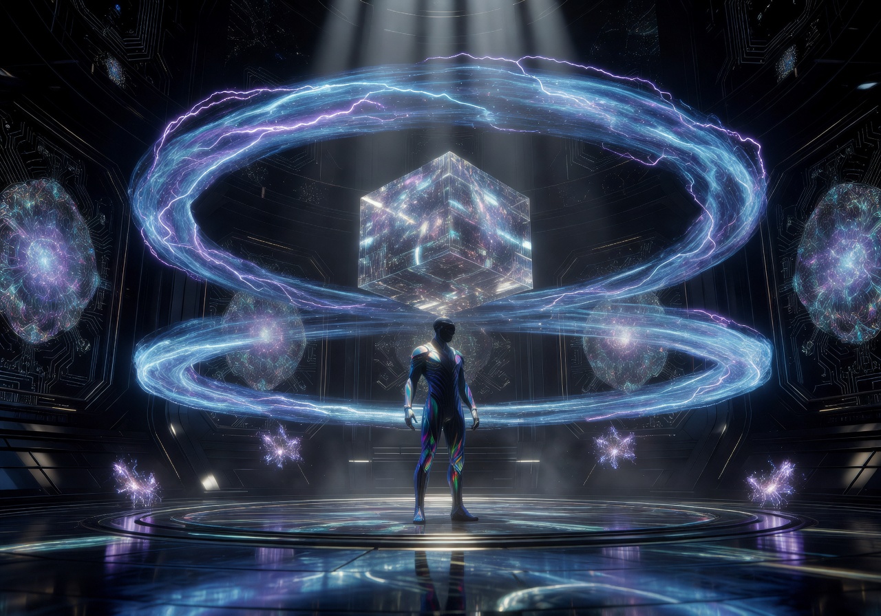 Glowing quantum vault chamber with holographic mystery box and energy rings