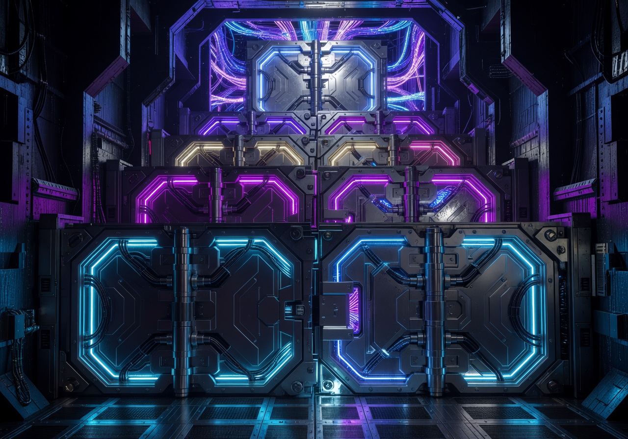 Row of tiered cyber vault chambers with escalating neon glow